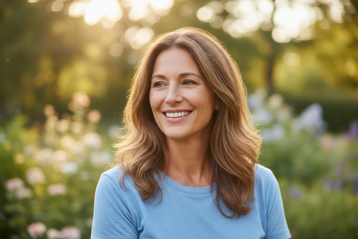 MIDDLE AGE WOMAN IN T-SHIRT HAPPY